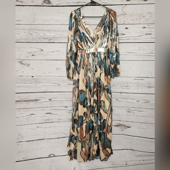 Bebe Print Lame Long Sleeve Twist Front Dress Gown 4 NWT - Picture 3 of 8